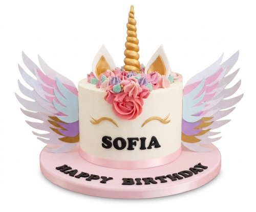 White unicorn birthday cake with golden horn, pastel flowers, wings, and custom name