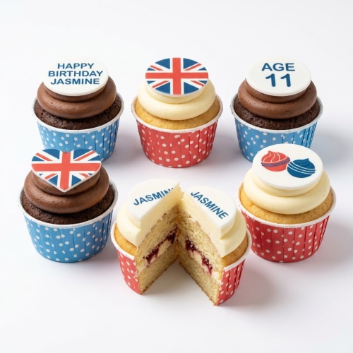Six cupcakes with Union Jack, custom age, and personalised name toppers.