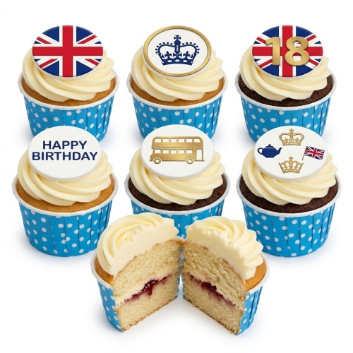 British themed cupcakes with Union Jack, crown, and London bus toppers, some with custom age and "Happy Birthday" messages.