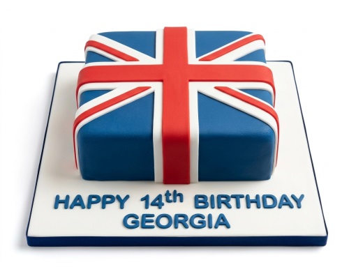 Square Union Jack birthday cake with a personalised message.