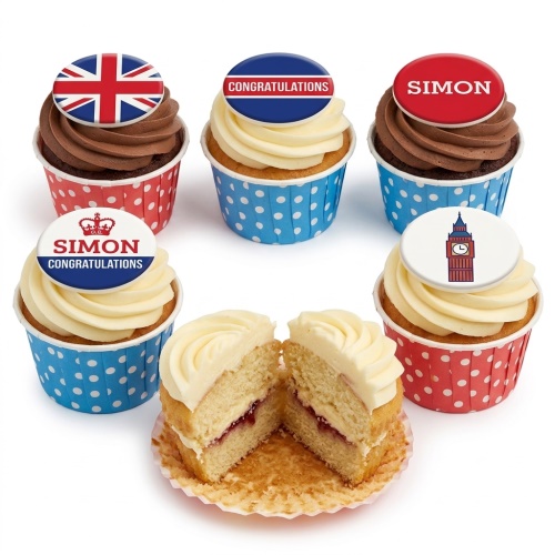 Set of British themed cupcakes with Union Jack, Big Ben, and 'Congratulations' toppers