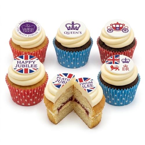 Cupcakes decorated with Union Jack flags, crowns, royal carriage, and Platinum Jubilee messages.