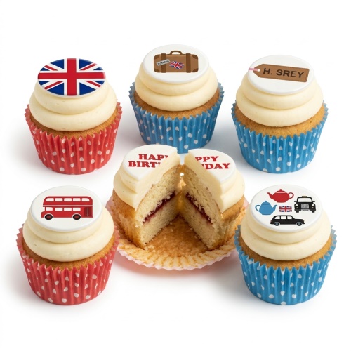 London themed cupcakes with Union Jack, red bus, taxi, teapots, suitcase, and custom message toppers.