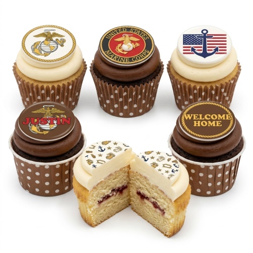 Welcome Home cupcakes with Marine Corps emblems, US flag, and anchor toppers on vanilla and chocolate sponges.