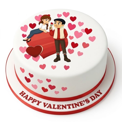 White round cake with a cartoon couple, red rose, and pink and red hearts, with 'Happy Valentine's Day' on the board.