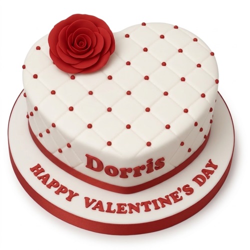 Heart-shaped white Valentine's Day cake with red quilted dots, a large red rose, and a personalised name.