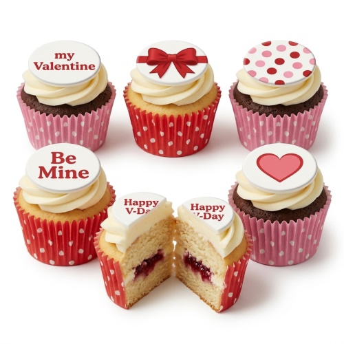 A selection of Valentine's Day cupcakes with white buttercream and themed toppers including a red bow, heart, polka dots, and messages.