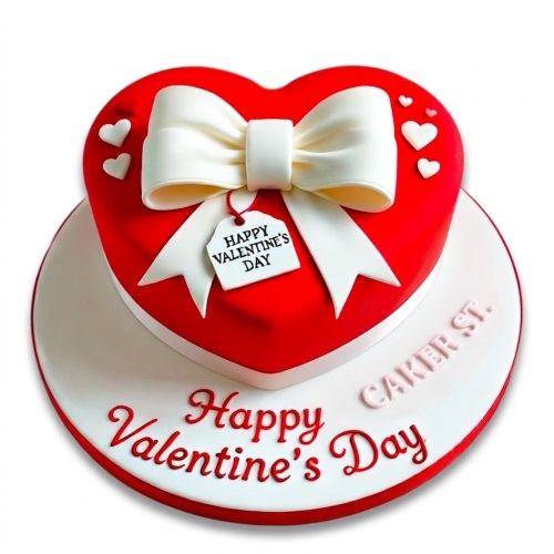 Red heart-shaped Valentine's Day cake with a white bow and small hearts, featuring "Happy Valentine's Day" message.
