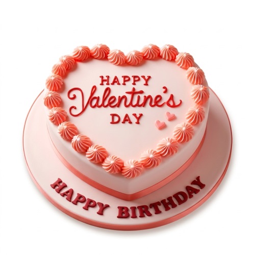 Heart-shaped pink cake with red 'Happy Valentine's Day' message and 'Happy Birthday' on the board, decorated with red piping.