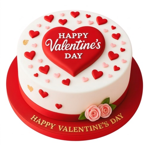 White Valentine's Day cake with large red heart, smaller red and pink hearts, and pink sugar roses.
