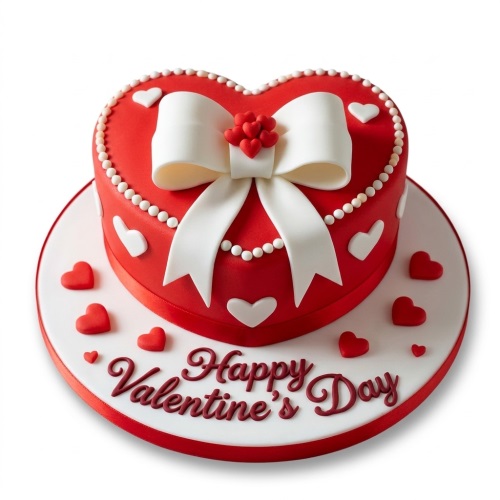 Red heart-shaped Valentine's Day cake with white bow and "Happy Valentine's Day" message.