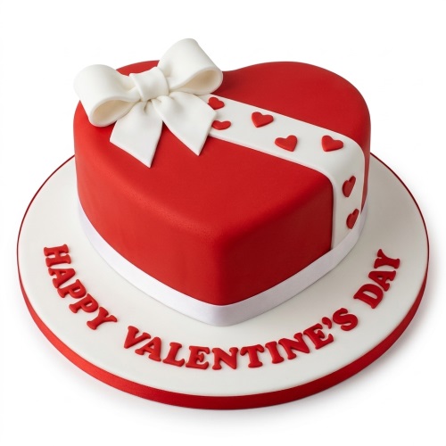 Red heart-shaped Valentine's Day cake with a white fondant bow, white ribbon, and small red hearts, with 'Happy Valentine's Day' written on the white cake board.