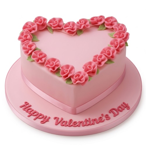 Pink heart-shaped cake with pink fondant roses and "Happy Valentine's Day" message.