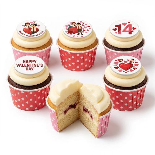 Six Valentine's Day cupcakes with romantic toppers, including couples, hearts, and '14'.