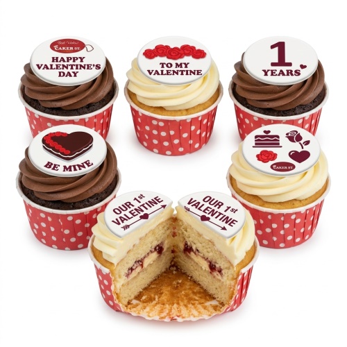 Assortment of Valentine's Day cupcakes with chocolate and vanilla frosting, decorated with love hearts, red roses, and romantic messages.