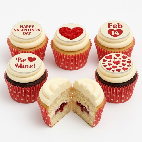 A set of Valentine's Day cupcakes with red heart toppers and romantic messages in red polka dot cases.