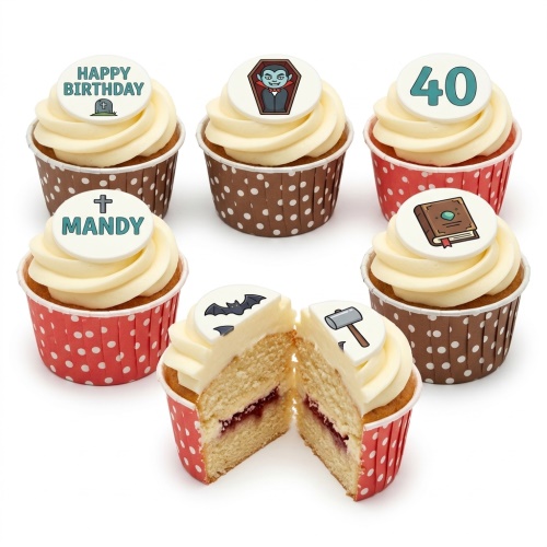 Vanilla cupcakes with white frosting and assorted fantasy-themed toppers including a vampire, bat, spellbook, hammer, and custom age and name examples.