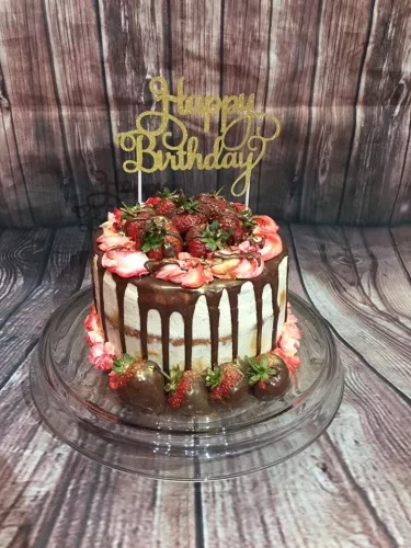 Vanilla Strawberry Birthday Cake For Her With Chocolate Dripping