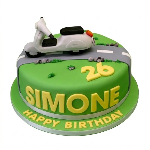Round green and grey Vespa Scooter Birthday Cake with a white scooter model and custom age topper.