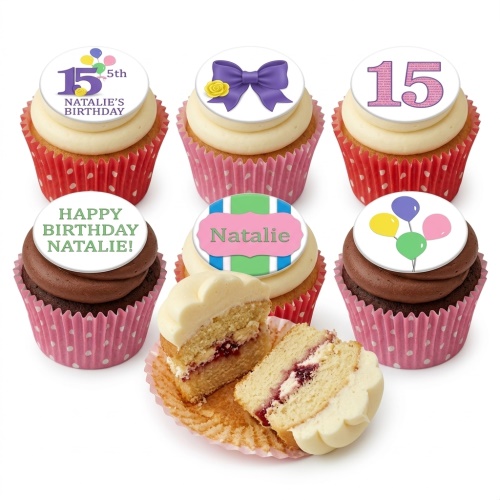 Birthday cupcakes with white and chocolate frosting, topped with custom age, name, bow, and balloon designs.