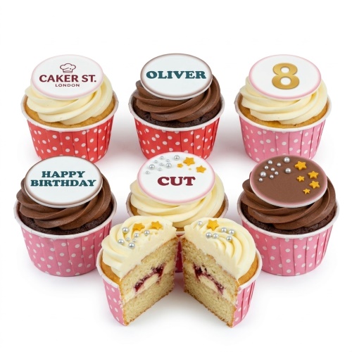 Assorted cupcakes with customisable edible toppers, sprinkles, and polka dot wrappers.