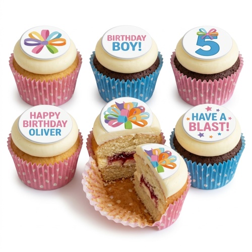 Birthday cupcakes with colourful bow and star toppers, some with 'Birthday Boy!' and a blue number 5.