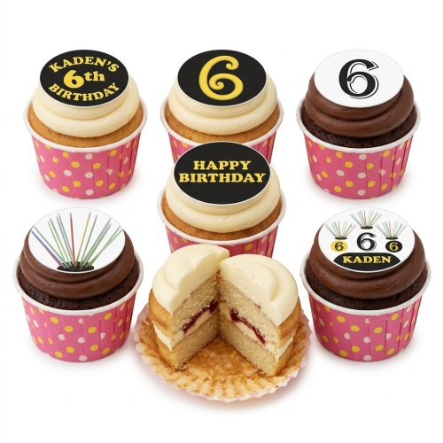 Selection of kids birthday cupcakes with custom age and game-themed toppers, vanilla and chocolate flavours.