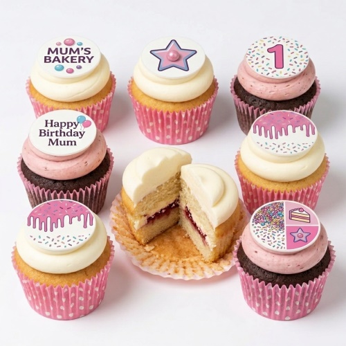 Assortment of pink and white cupcakes with various edible toppers including a star, sprinkles, a number 1, and custom messages.