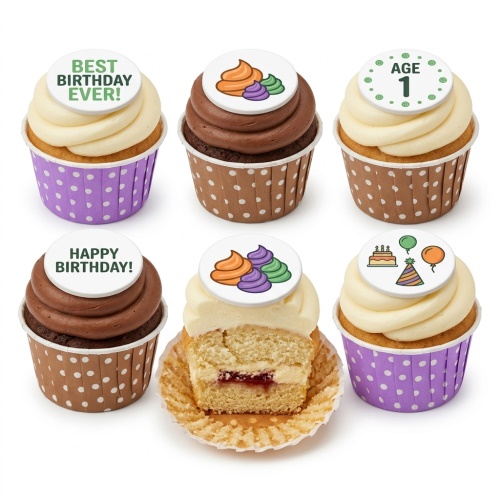 Assortment of birthday cupcakes with white and chocolate frosting, topped with custom age and celebration designs.