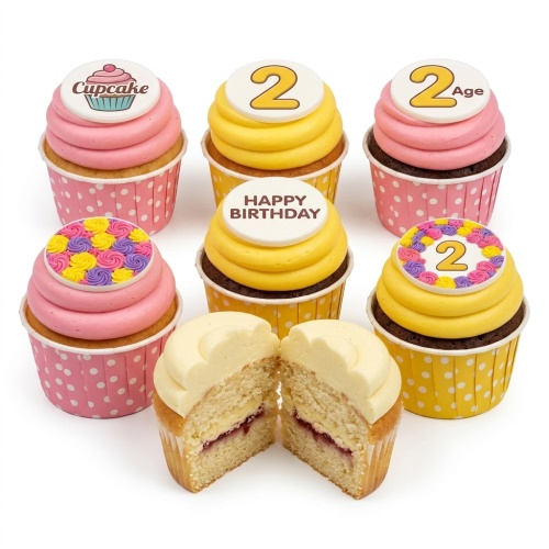 Assortment of pink and yellow cupcakes with custom age and 'Happy Birthday' toppers, and colourful rosette decorations.