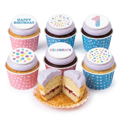 Assortment of pastel cupcakes with sprinkles, 'Happy Birthday', 'Celebrate', and custom age '1' toppers.