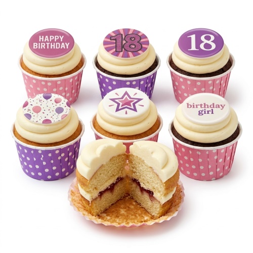 Selection of pink and purple birthday cupcakes with custom age and festive toppers, including 'Happy Birthday' and 'birthday girl' messages.