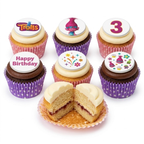 Trolls themed birthday cupcakes with Poppy, Trolls logo, 'Happy Birthday' message, and custom age '3' topper.