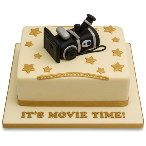 Square cream birthday cake with gold stars, film strip, and a 3D film camera topper.
