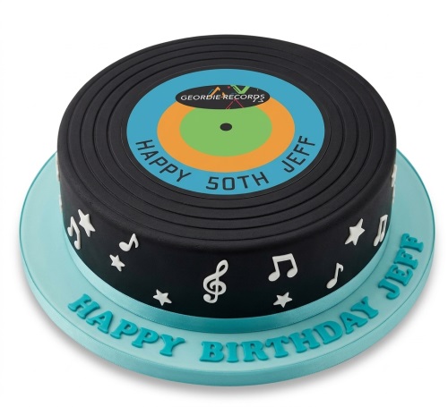 Round black cake with a vinyl record design, white musical notes, and a blue base.