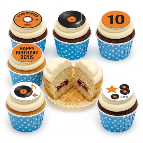 Set of music theme birthday cupcakes with vinyl record toppers and custom age number.
