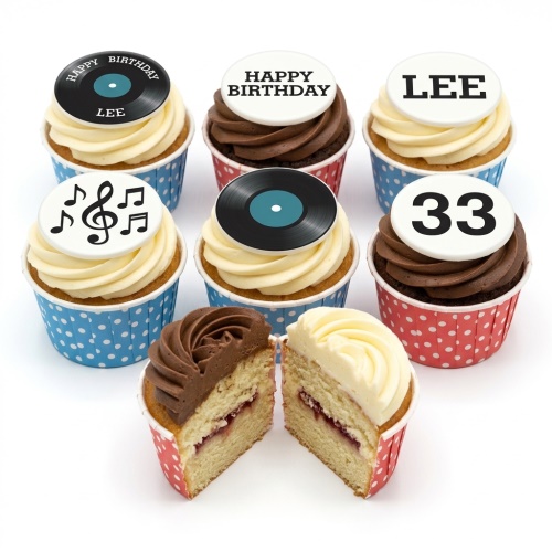 Birthday cupcakes with music notes and vinyl record toppers, some with 'Happy Birthday' and custom age/name examples.