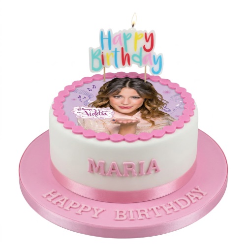 Round white and pink Disney Violetta birthday cake with edible image and 'Happy Birthday' candle.