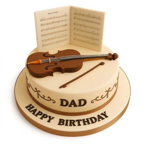 Cream birthday cake with edible brown violin, bow, and sheet music on top, with a personalised message on the side.