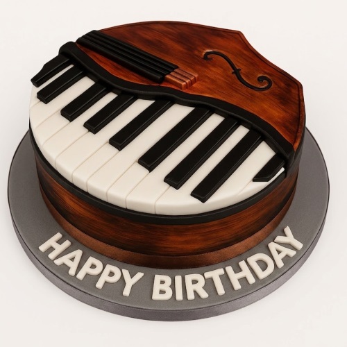 Round birthday cake decorated with piano keys and a violin design on a grey board with 'Happy Birthday'.