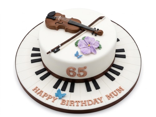 White round birthday cake with piano keys base, edible violin, purple flower, and blue butterflies.