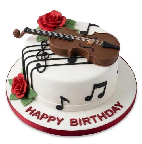 White round birthday cake with a brown violin, musical notes, and red roses, with 'Happy Birthday' written on the base.