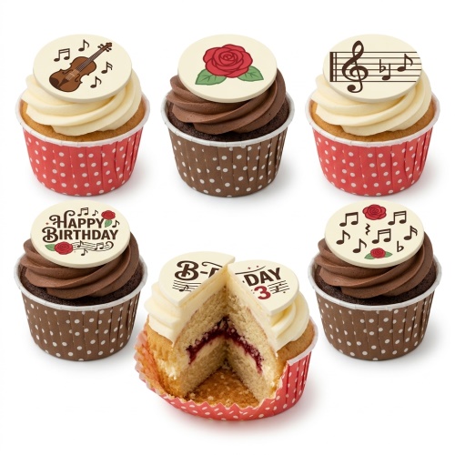 Assortment of musical and rose themed birthday cupcakes with white and chocolate frosting.