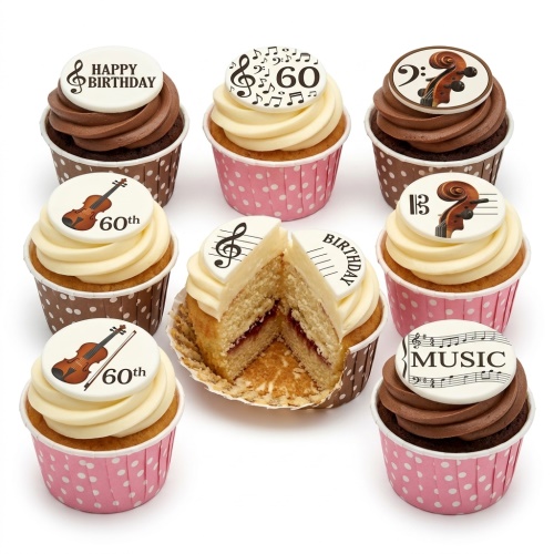 Music theme birthday cupcakes with violins, musical notes, and custom age toppers.