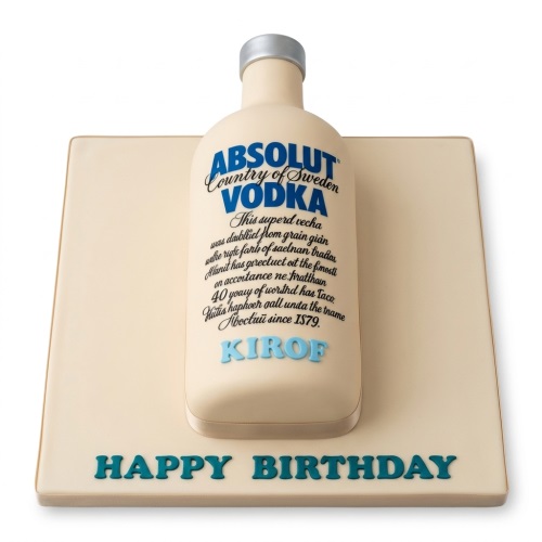 3D Absolut Vodka bottle birthday cake on a cream board with "Happy Birthday" message.
