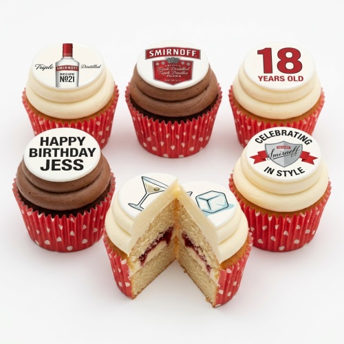 Smirnoff themed cupcakes with bottle, logo, cocktail, ice cube, and custom age/name toppers.