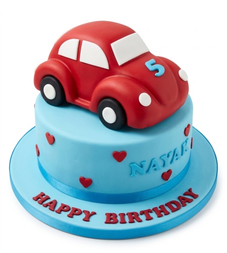 Round blue birthday cake with red car topper, custom age, and red heart decorations.