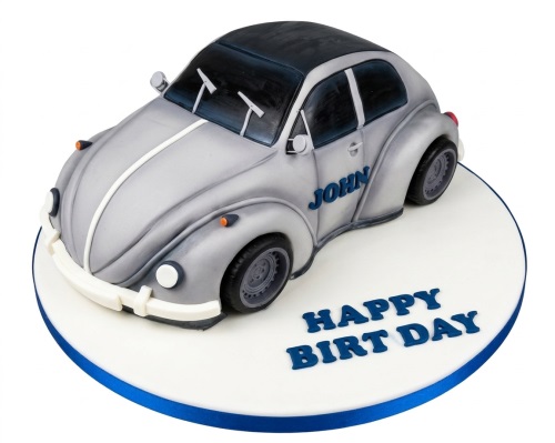Grey classic car shaped birthday cake with black roof and wheels, blue ribbon, and space for custom name and message.