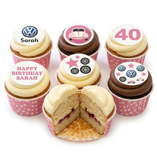 Volkswagen car theme birthday cupcakes with VW logo, classic car, wheels, and stars, with custom age topper.