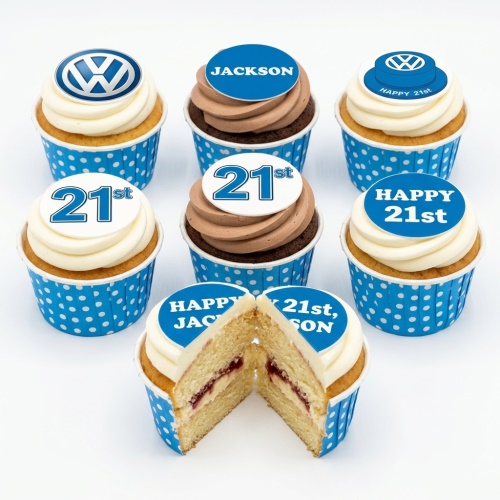 Volkswagen logo and custom age birthday cupcakes with vanilla and chocolate frosting.